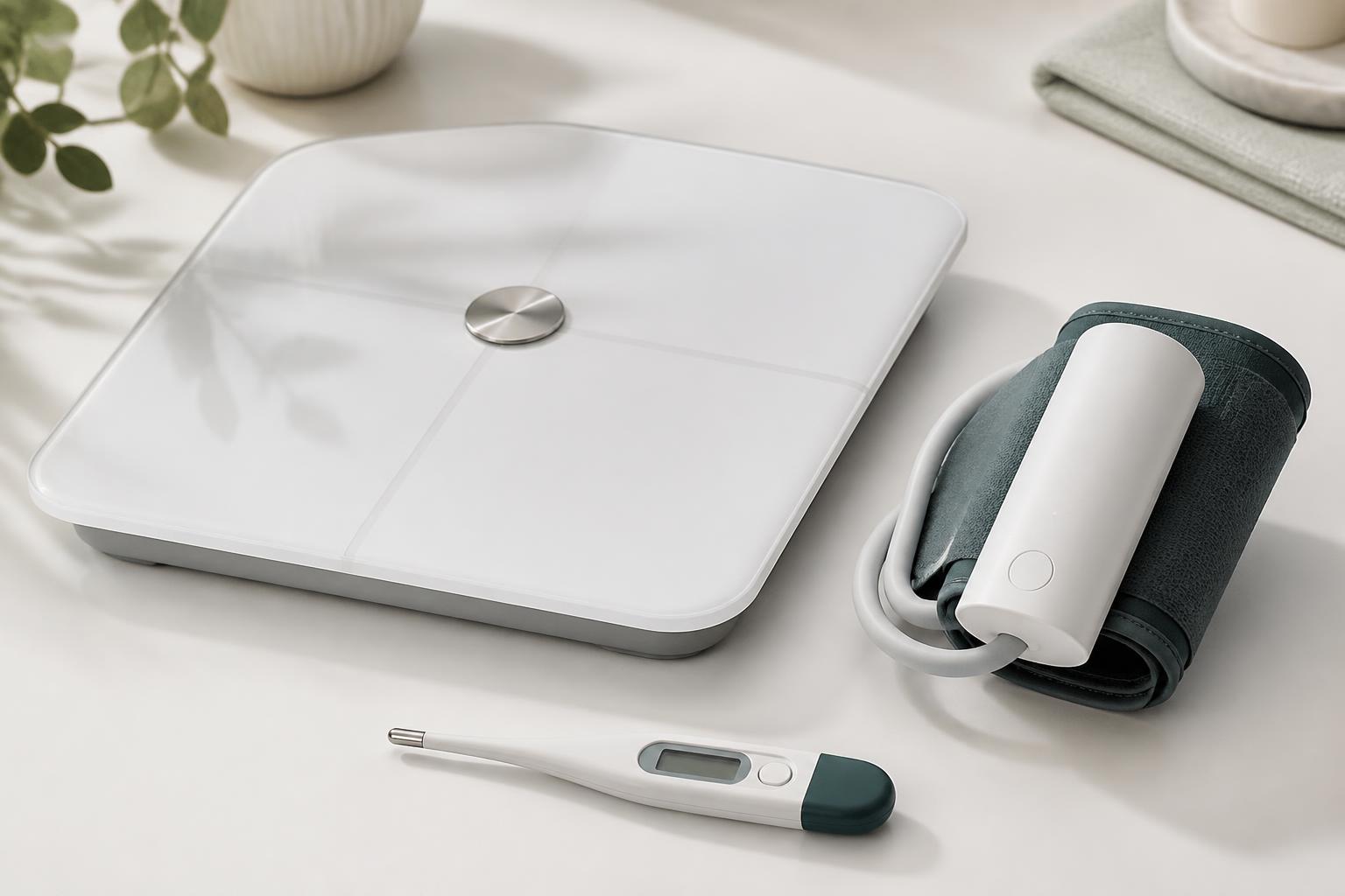 Connected smart scale, blood pressure cuff, and thermometer arranged on a clean surface